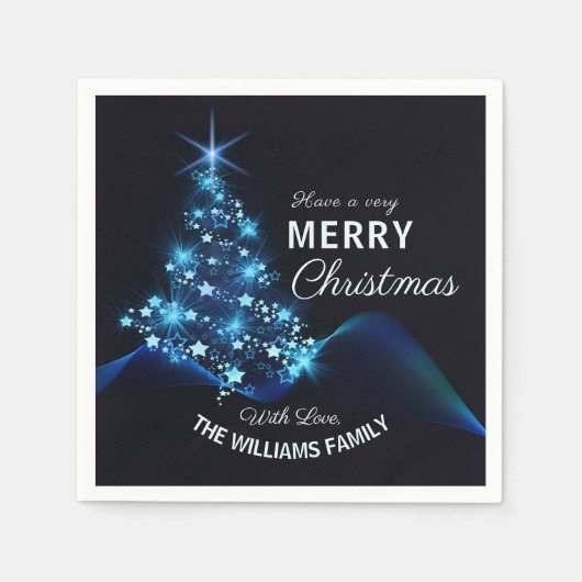 Serviette En Papier Joyeux Noël Bleu Arbre & Étoiles Vacances (Devant)