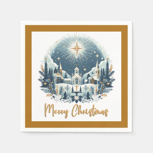 Serviette En Papier Joyeux Noël bleu et or (Devant)