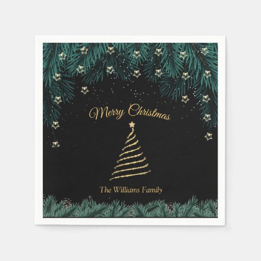 Serviette En Papier Joyeux Noël | Branches Gold Tree & Pine (Devant)