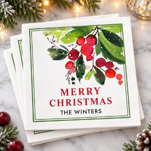 Serviette En Papier Joyeux Noël Cadre de baie aquarelle rouge vert