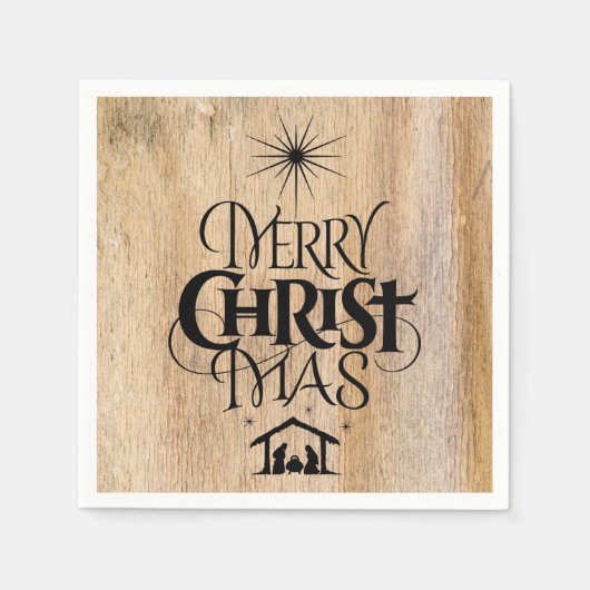 Serviette En Papier Joyeux Noël Calligraphie religieuse Bois rustique (Devant)