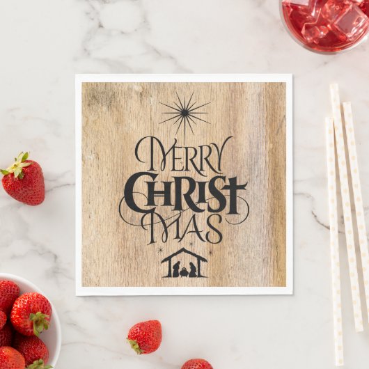 Serviette En Papier Joyeux Noël Calligraphie religieuse Bois rustique (En situation)