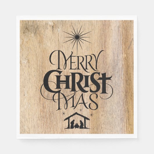 Serviette En Papier Joyeux Noël Calligraphie religieuse Bois rustique (Devant)
