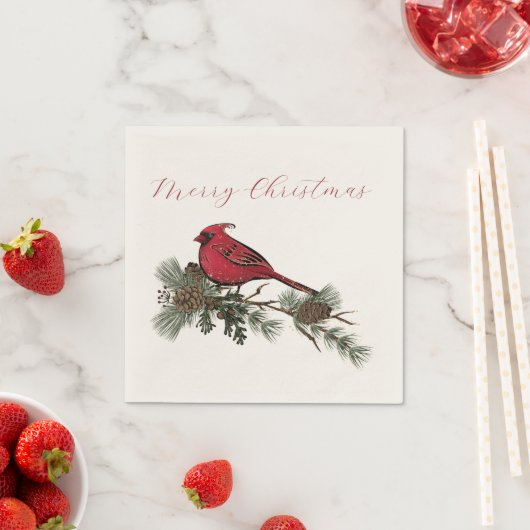 Serviette En Papier Joyeux Noël Cardinal Rouge Sur Une Branche (En situation)