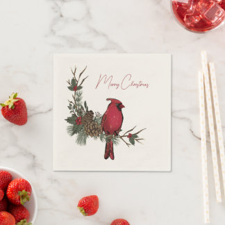 Serviette En Papier Joyeux Noël Cardinal Rouge Sur Une Branche