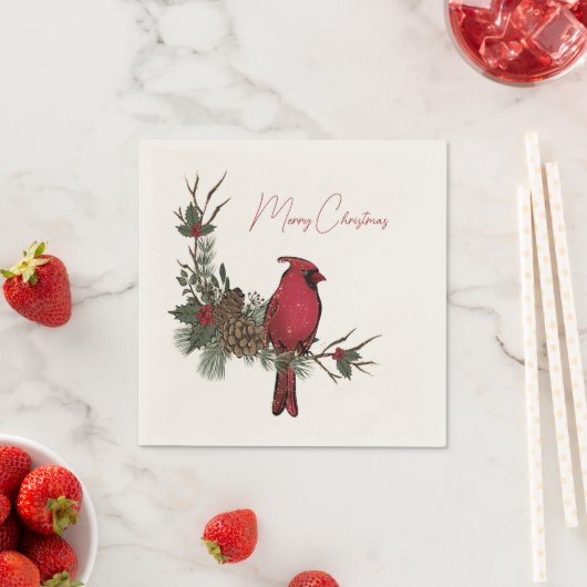 Serviette En Papier Joyeux Noël Cardinal Rouge Sur Une Branche (En situation)