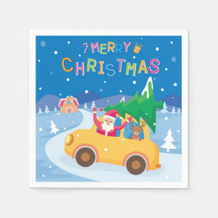 Serviette En Papier Joyeux Noël Cartoon Père Noël Reindeer Car