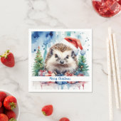 Serviette En Papier Joyeux Noël Casquette Festive Hérisson - (En situation)