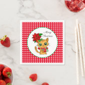 Serviette En Papier Joyeux Noël | Chat orange avec Poinsettia (En situation)