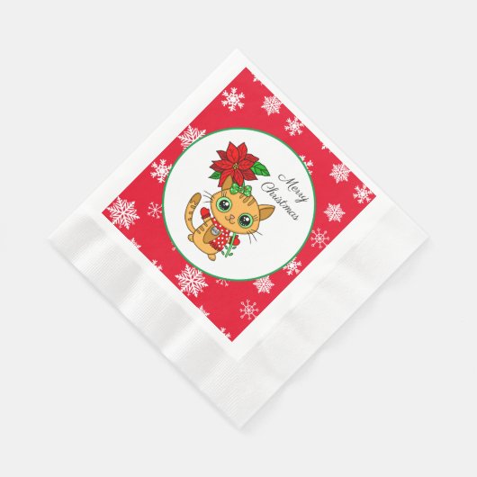Serviette En Papier Joyeux Noël | Chat orange avec Poinsettia (Coin)