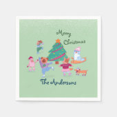 Serviette En Papier Joyeux Noël Chien Ice Patinage Nom Moss Green (Devant)
