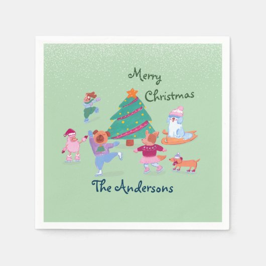Serviette En Papier Joyeux Noël Chien Ice Patinage Nom Moss Green (Devant)