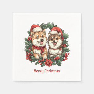 Serviette En Papier Joyeux Noël Chiens Pomeranian Couronne de Gui