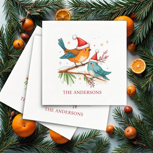 Serviette En Papier Joyeux Noël Deux Oiseaux Amoureux Fête de Noël