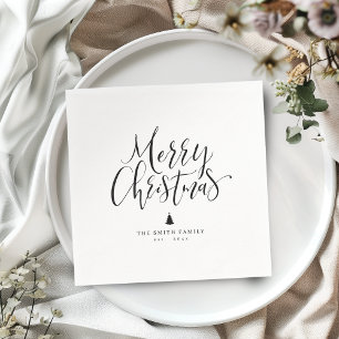 Serviette En Papier Joyeux Noël en calligraphie simple noir et blanc