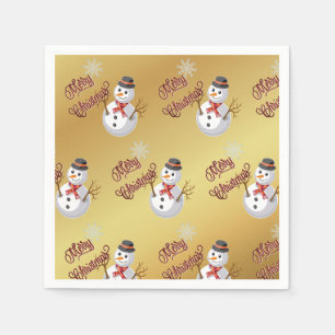 Serviette En Papier Joyeux Noël et bonhomme de neige - sur faux or