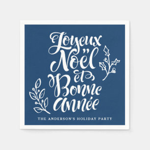 Serviette En Papier Joyeux Noël et Bonne Année Calligraphie Marine Blu