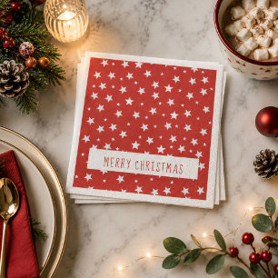 Serviette En Papier Joyeux Noël Étoiles blanches sur fond rouge