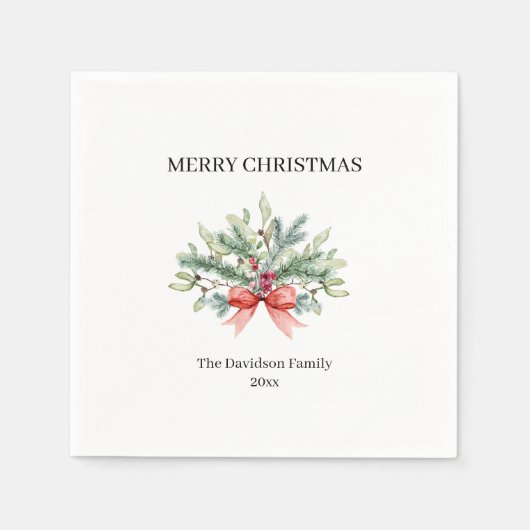 Serviette En Papier Joyeux Noël Famille Aquarelle Verdure (Devant)