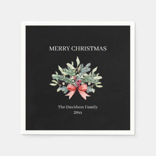 Serviette En Papier Joyeux Noël Famille Aquarelle Verdure Noir (Devant)