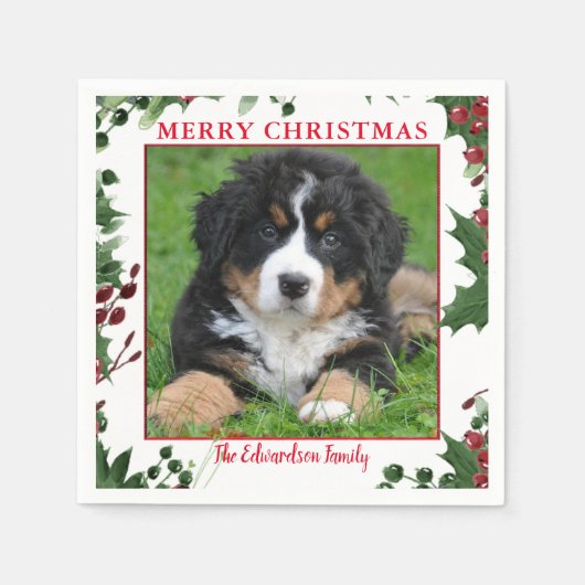 Serviette En Papier Joyeux Noël famille photo nom monogramme (Devant)