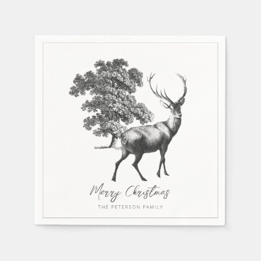 Serviette En Papier Joyeux Noël Festif Elégant Cerf Blanc Noir (Devant)