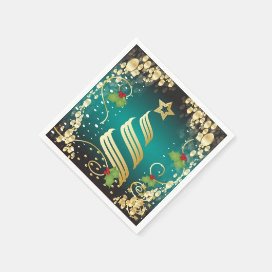 Serviette En Papier Joyeux Noël Festif Turquoise Bleu et Or (Coin)