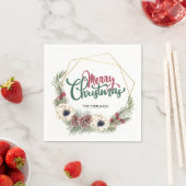 Serviette En Papier Joyeux Noël Floral Pine Cône Holly Gold Frame (En situation)
