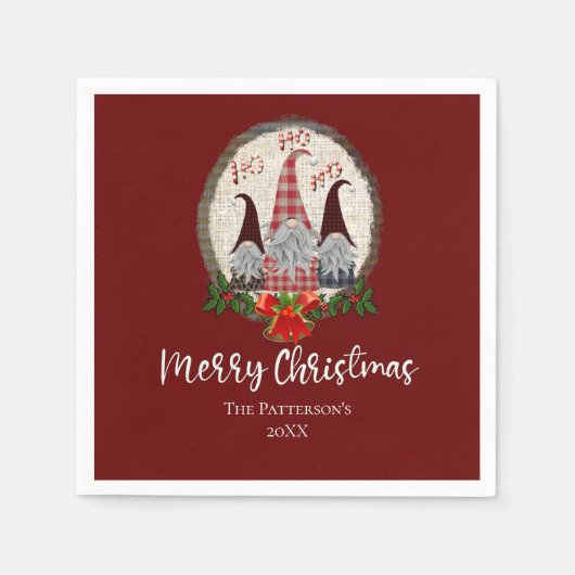 Serviette En Papier Joyeux Noël Gnomes Rouge, Rustique, Plaid, Branché (Devant)