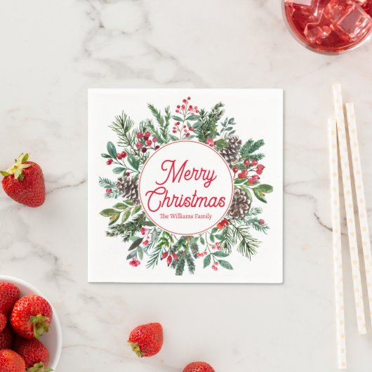 Serviette En Papier joyeux noël hiver verdure rouge script chic (En situation)