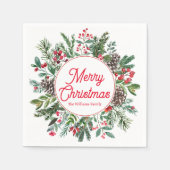 Serviette En Papier joyeux noël hiver verdure rouge script chic (Devant)