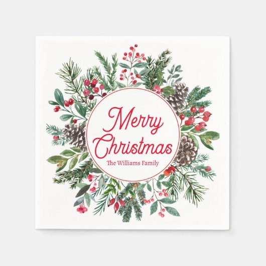 Serviette En Papier joyeux noël hiver verdure rouge script chic (Devant)