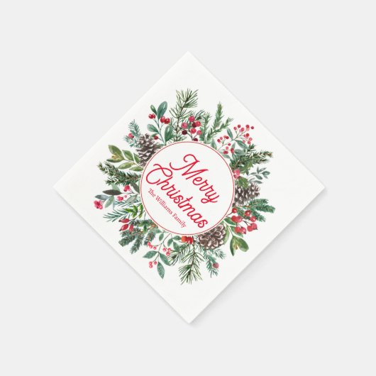 Serviette En Papier joyeux noël hiver verdure rouge script chic (Coin)