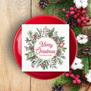 Serviette En Papier joyeux noël hiver verdure rouge script chic