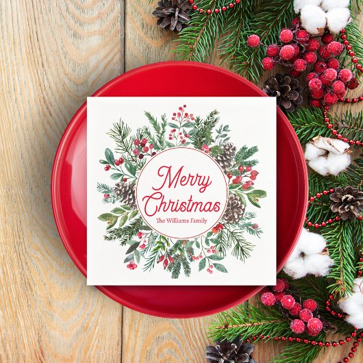 Serviette En Papier joyeux noël hiver verdure rouge script chic