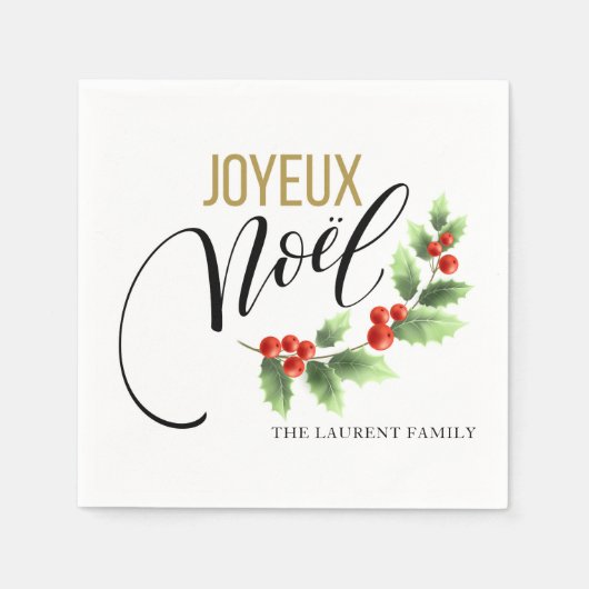 Serviette En Papier Joyeux Noël Holly Photo personnalisée | Noël (Devant)