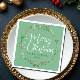 Serviette En Papier Joyeux Noël Joli Green Wreath fête personnalisée
