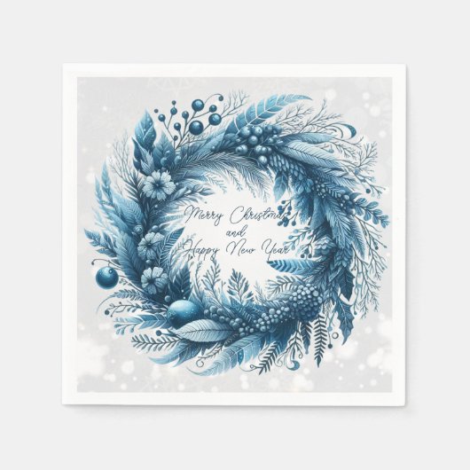 Serviette En Papier Joyeux Noël Joyeux Nouvel An Couronne Bleue (Devant)
