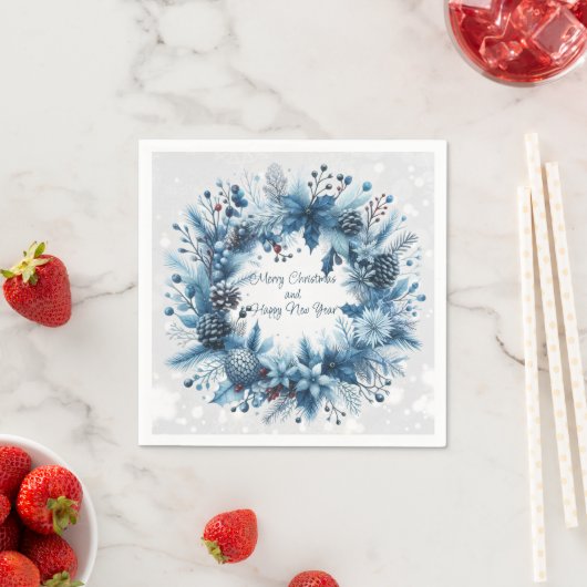 Serviette En Papier Joyeux Noël Joyeux Nouvel An Couronne Bleue (En situation)