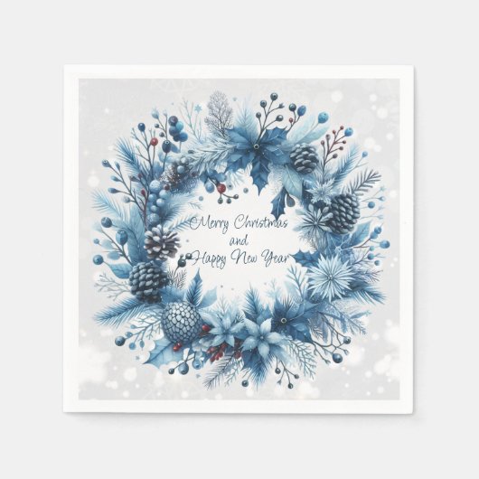 Serviette En Papier Joyeux Noël Joyeux Nouvel An Couronne Bleue (Devant)