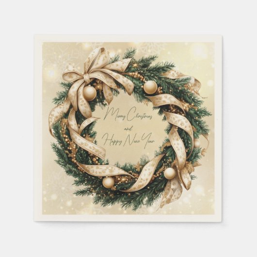 Serviette En Papier Joyeux Noël Joyeux Nouvel An Gold Green Wreath (Devant)
