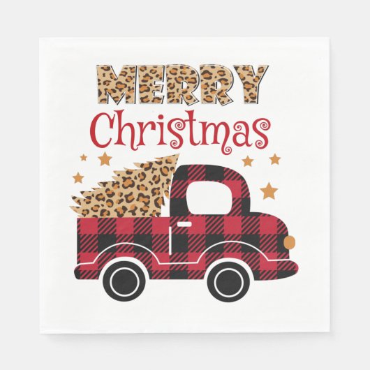 Serviette En Papier Joyeux Noël Leopard et Buffalo Plaid (Devant)