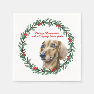 Serviette En Papier Joyeux Noël mignon Dachshund Chien Vacances Wreath