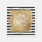 Serviette En Papier Joyeux Noël Noir Blancs Blancs Or Faux Foil (Devant)