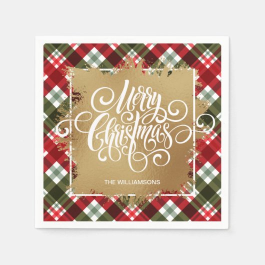 Serviette En Papier Joyeux Noël Or Plaid (Devant)