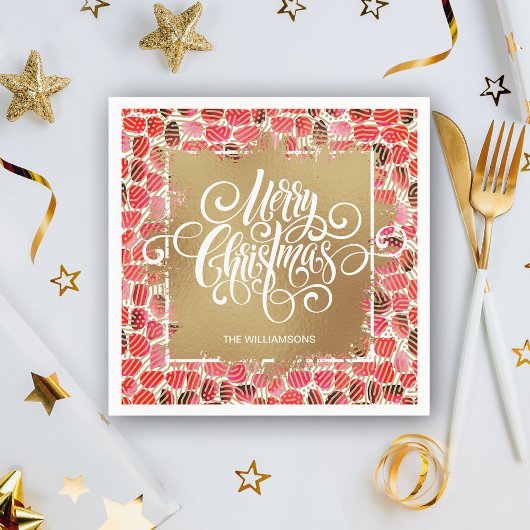Serviette En Papier Joyeux Noël or sur Rouge