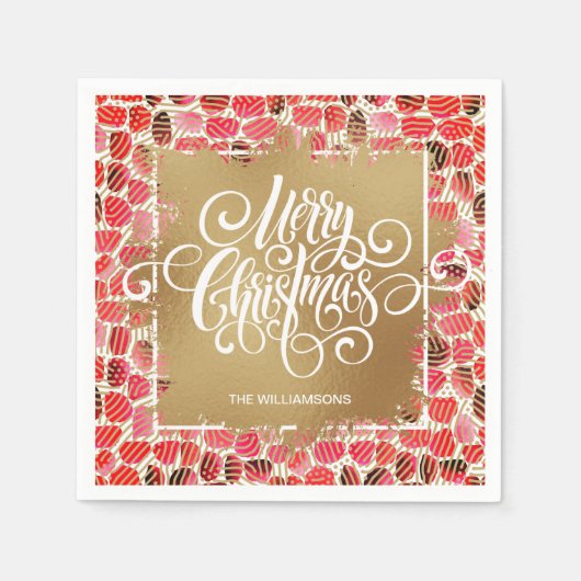 Serviette En Papier Joyeux Noël or sur Rouge (Devant)