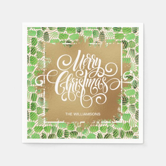 Serviette En Papier Joyeux Noël or sur Vert (Devant)