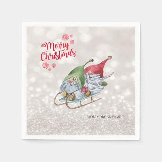 Serviette En Papier Joyeux Noël, Parties scintillant Bokeh, Gnomes mig (Devant)