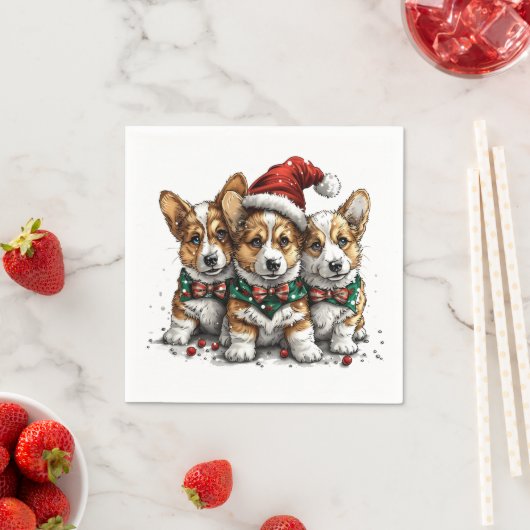 Serviette En Papier Joyeux Noël Pembroke Welsh Corgi Puppies (En situation)